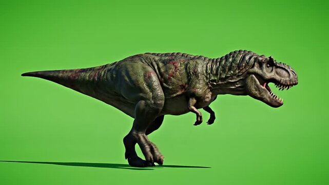 Realistic Tyrannosaurus Rex Dinosaur on Green Screen Background.