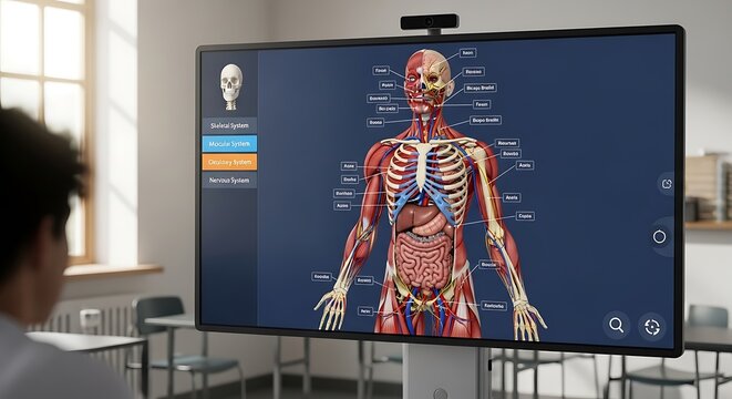 Student studying anatomy on interactive screen in classroom Human body diagram.