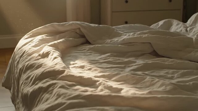 Soft focus close-up of rumpled beige duvet cover in sunlight dust motes floating