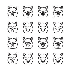 Obraz premium Collection of adorable alpaca faces with diverse expressions in a simple line art style for graphic design