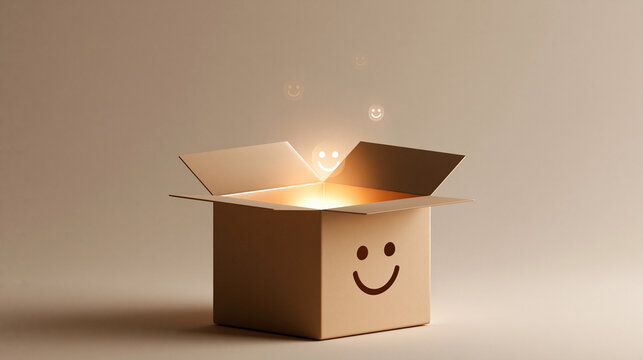 Open cardboard package with glowing smile icons, happy unboxing experience and customer satisfaction delivery concept