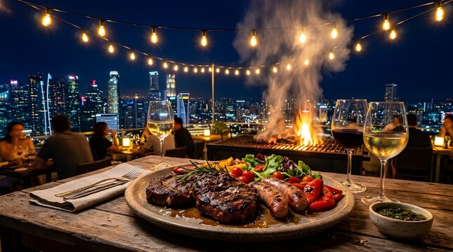 Enjoy a delightful rooftop dining experience with grilled steaks, sausages, and fresh vegetables under the city lights
