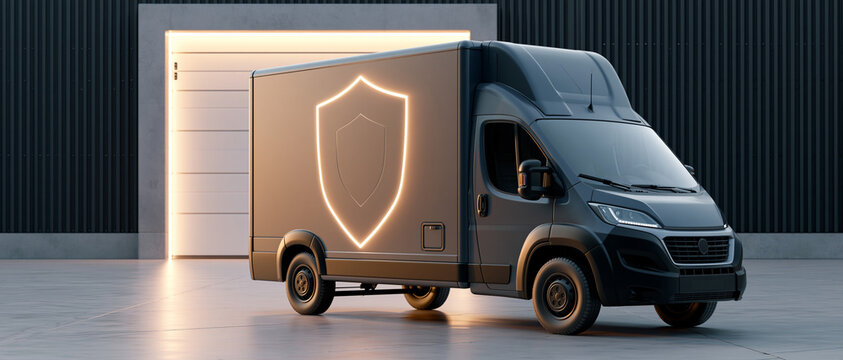 Modern delivery truck with glowing shield symbol near warehouse, secure shipping transportation and protected logistics concept