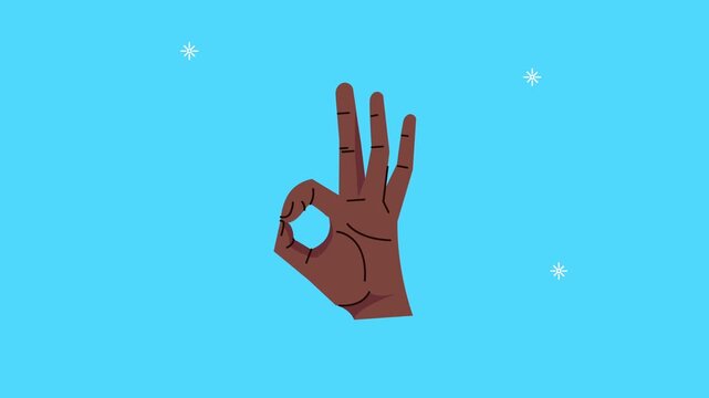 Dark skinned hand gesturing okay with fingers on blue background with white particles motion graphic.