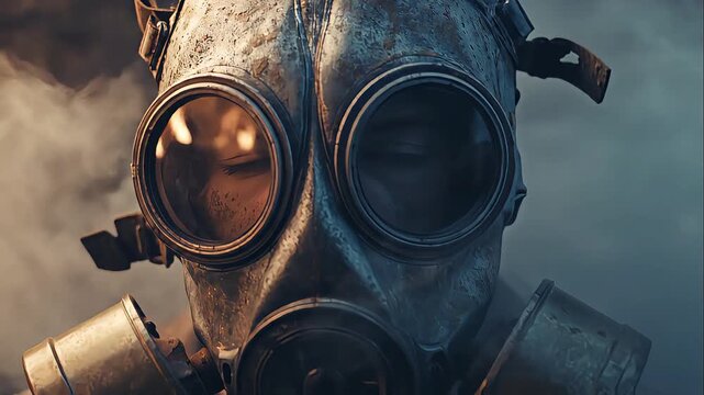 A person wears a vintage gas mask with large round eye lenses, surrounded by smoky, hazy atmosphere, conveying a sense of danger or pollution