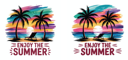 Obraz premium Tropical Summer Sunset Vector with Palm Trees and Retro Beach Typography