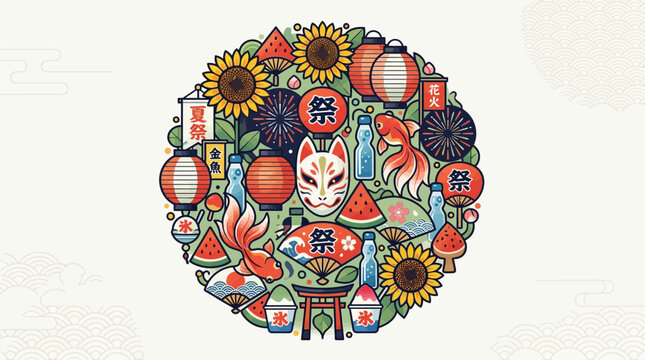 Japanese Summer Festival Matsuri Elements Circular Vector Illustration with Kitsune Mask, Goldfish, and Lanterns