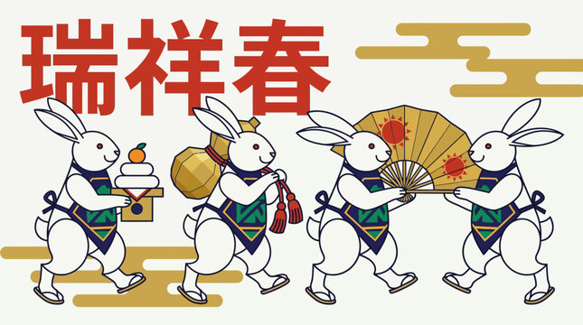 Japanese New Year Illustration with Four Rabbits in Traditional Festival Attire and Auspicious Symbols for Year of the Rabbit