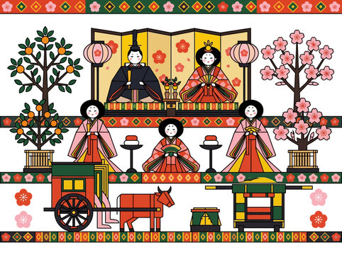Hinamatsuri Japanese Doll Festival Vector Illustration with Emperor and Empress Dolls, Three Court Ladies, Cherry Blossoms, and Traditional Ox Carriage in Flat Modern Style