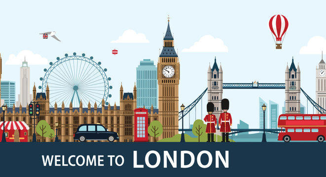 Panoramic cityscape illustration of London featuring Big Ben Tower Bridge the London Eye and a red double decker bus.
