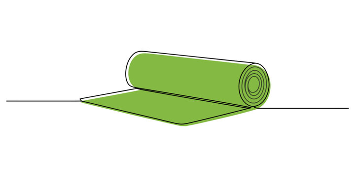 continuous one line drawing Green yoga mat, exercise mat, fitness mat, rolled up mat