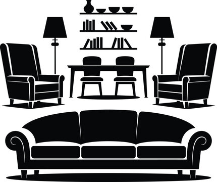 Modern Living Room Furniture Silhouette Vector with Sofa and Armchairs