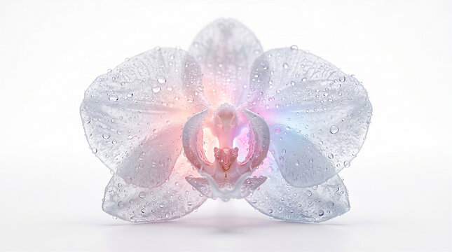 Macro photography of a translucent glass orchid flower with water droplets