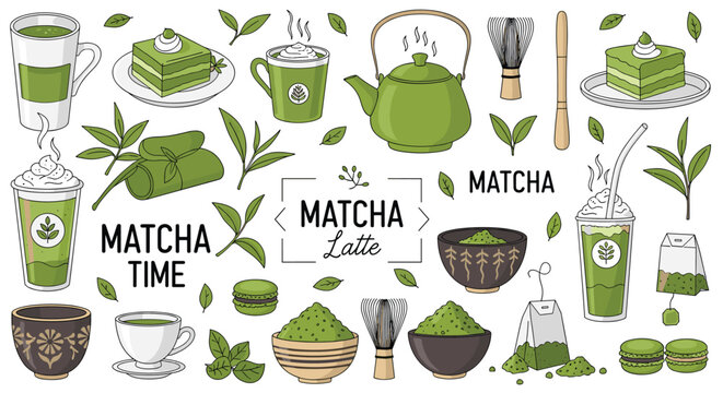 Detailed collection of matcha green tea items including powder lattes cakes whisks and teapots for a tea lover cafe menu.