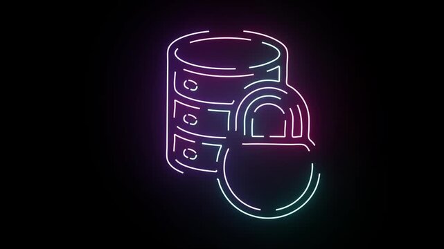 Neon glowing data server with padlock cybersecurity and digital privacy concept animation data protection