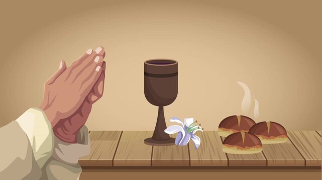 Praying hands before communion elements with bread and wine on wooden table.
