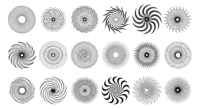 Diverse set of abstract black and white circular vortex and spiral patterns for optical illusion and creative background designs.