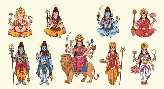 Detailed illustrations of various Hindu gods and goddesses including Ganesha Shiva Durga and Lakshmi in traditional poses.