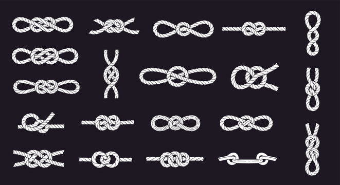 Collection of various white rope knots presented as diagrams against a dark background for nautical or decorative use.