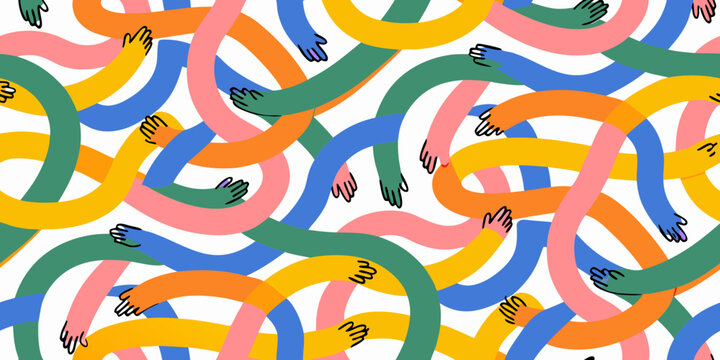 Colorful abstract pattern of overlapping hands and wavy lines on a white background high quality