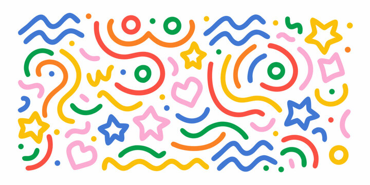 abstract doodle pattern with wavy lines geometric shapes and colorful elements on white background
