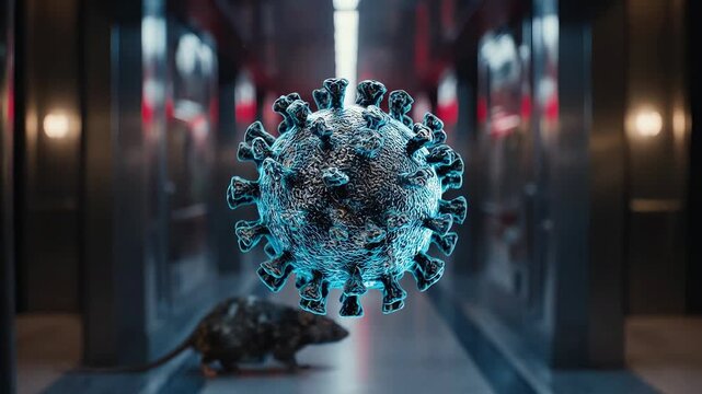 Hantavirus. Rodent viruA large, detailed virus particle floats in the center of an elevator corridor, with a rat at the bottom left, and red and white reflections creating a tense, clinical atmosphere