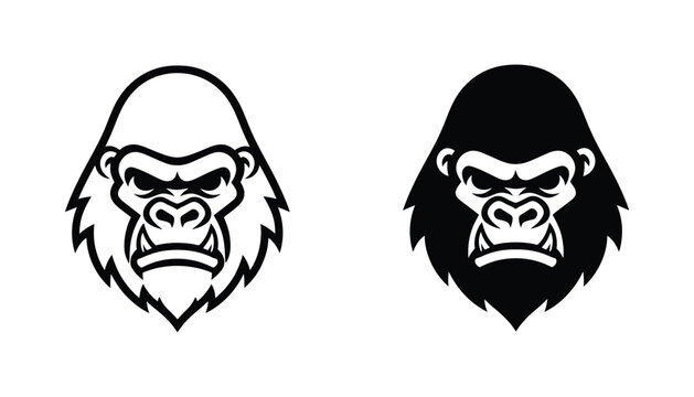 Angry gorilla head mascot vector illustration featuring fierce primate face in bold black and white graphic style for sports team logos or fitness brand identity and gaming profile picture designs
