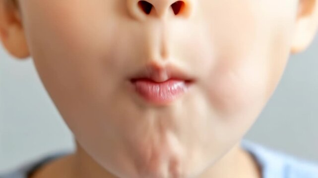 Close-up shot of a young boy taking a big bite of a fried chicken nugget and chewing happily.