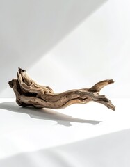Fototapeta premium A beautifully textured piece of natural driftwood casts long, geometric shadows on a pristine white surface, highlighting its organic form and minimalist appeal.