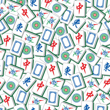 Traditional Chinese mahjong tiles seamless pattern with various game pieces in colorful flat vector illustration style
