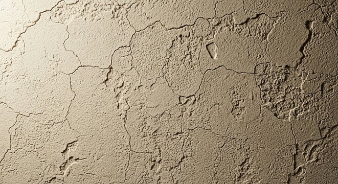 Dry cracked earth texture on beige wall with dramatic side lighting and rough stone surface details for abstract construction background or textured architectural art.