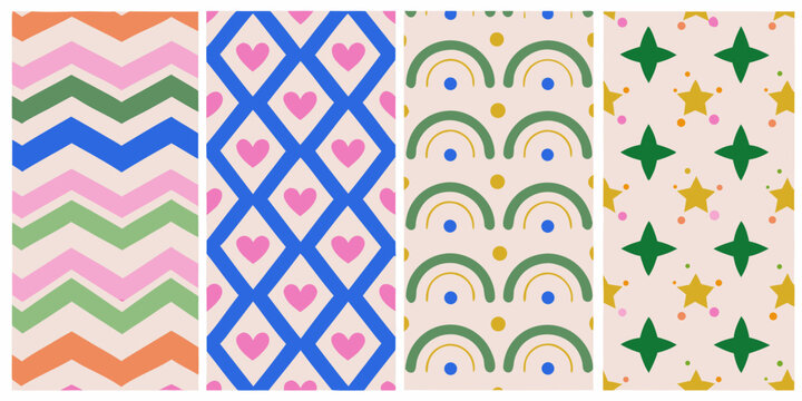 Repeating geometric pattern set with colorful chevron heart rainbow and star motifs on a light background