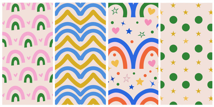 Repeating geometric pattern with rainbows chevrons polka dots and stars on pastel background high quality