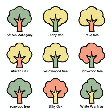 Set of 9 African Trees Icons: Mahogany, Ebony, Iroko, Oak, Yellowwood, Stinkwood