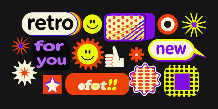 Colorful retro sticker collection with speech bubbles stars and geometric shapes on black high quality