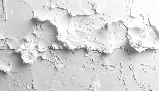 A textured close-up of peeling white paint or plaster, revealing rough surfaces and deep cracks.