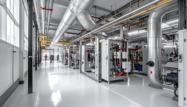 A long industrial corridor with machinery and pipes