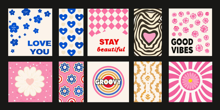 Retro inspired patterned cards in a grid layout featuring floral heart and geometric designs