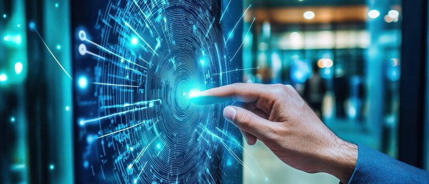 Digital network interaction hand touching glowing circular interface