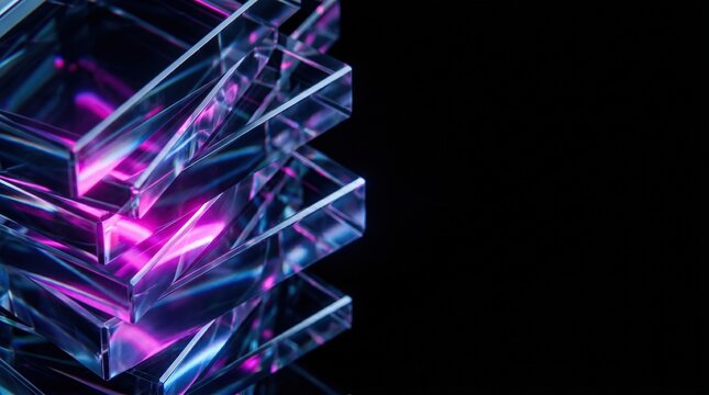 3D glass holographic geometric prism blocks on black background, 3D render. Abstract transparent glass layers with neon purple pink light effect for tech backdrop.