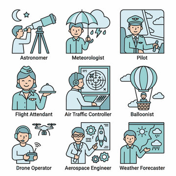 Set of professions: astronomer, meteorologist, pilot, flight attendant, air traffic controller, balloonist, drone operator, aerospace engineer, weather forecaster