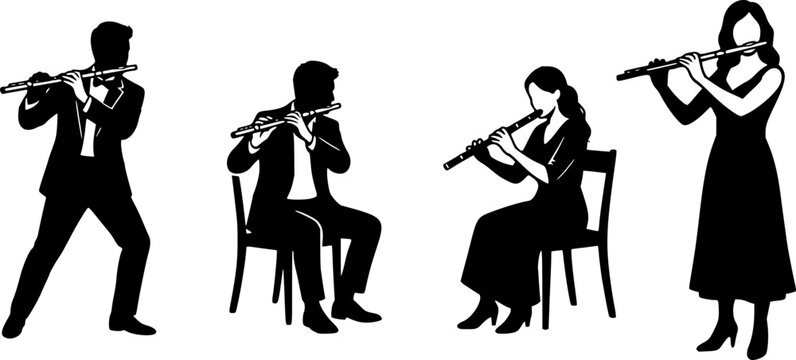 Silhouettes of four musicians playing flutes in different poses and attire on white background