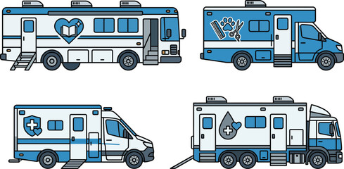 Collection of mobile clinic vans including veterinary medical and blood donation services flat vector illustrations for healthcare conce © Naveed