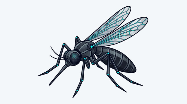 Futuristic Robotic Mosquito Drone Illustration, Cybernetic Insect with Glowing Blue Lights, High-Tech Surveillance and Bionics Concept on White Background