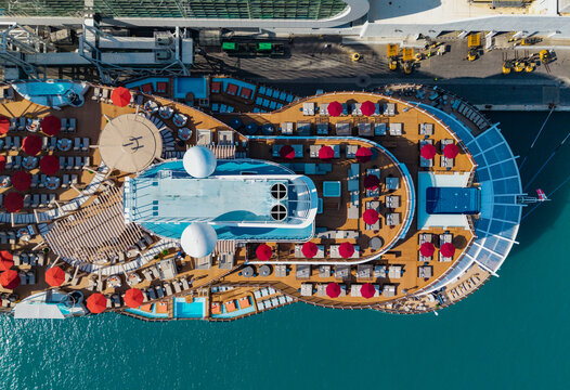 Luxury liner resort. Cruise ship voyage. Traveling by sea. Aerial top view of cruise in summer vacation. Cruise ship tour and travel at sea. Aerial view of luxury liner voyage. Ship top view