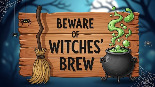 Beware of Witches Brew Halloween Sign with Broom and Cauldron.