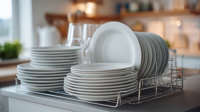 Clean white dishes drying on rack in modern kitchen after washing