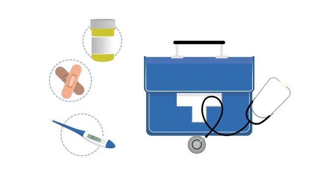 Animated medical first aid kit with stethoscope thermometer bandages and medicine pills for healthcare concept.