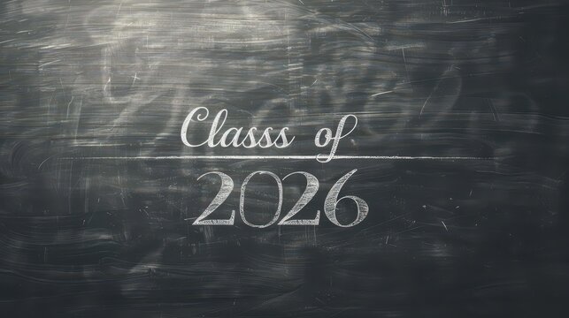 Class of 2026 chalk lettering on textured blackboard for graduation announcement background and commencement poster design