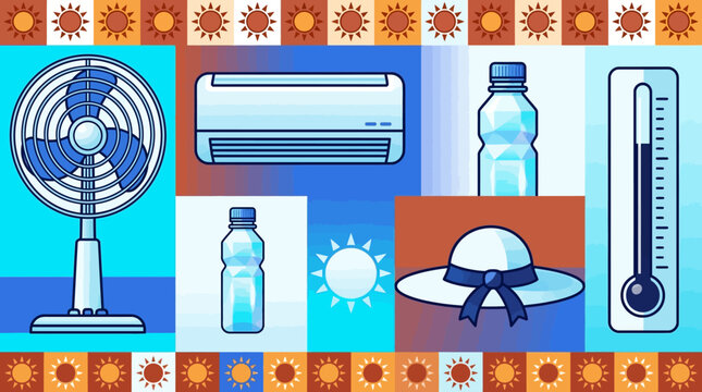 Summer Cooling and Heatwave Essentials Illustration with Fan, AC, Water, and Thermometer